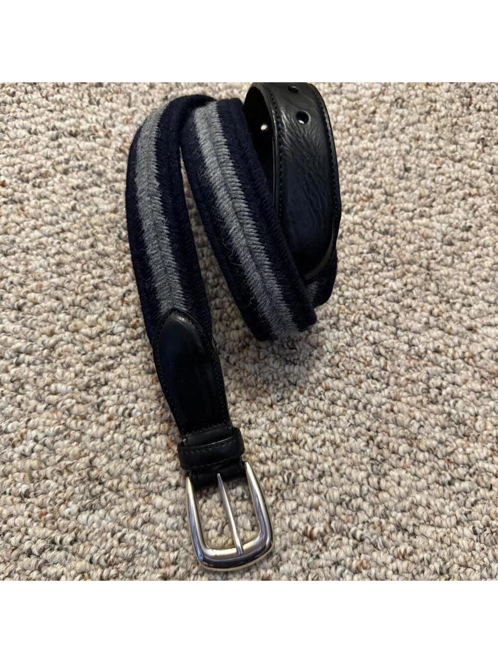 Brighton black leather/gray/navy wooly elastic belt w/silver buckle